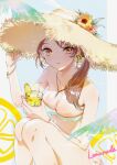  1girl bikini blush breasts brown_hair cleavage collarbone cup flower food fruit hair_over_shoulder hat hat_flower highres hojo_karen holding holding_cup idolmaster idolmaster_cinderella_girls knees_up lemon lemon_slice lemonade looking_at_viewer medium_breasts nocco_saz palm_leaf side_ponytail sitting solo straw_hat swimsuit white_bikini 