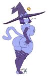 anthro biped breasts butt clothing domestic_cat felid feline felis female fur hair hat headgear headwear hi_res holding_breast legwear mammal mostly_nude robotjoe simple_background solo standing teeth thick_thighs thigh_highs white_background witch_hat