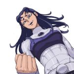  1girl belt blackfire breasts clenched_hand covered_navel dc_comics english_commentary from_below highres jenxd_d long_hair looking_at_viewer medium_breasts purple_eyes purple_hair simple_background smile solo teen_titans teeth upper_teeth_only white_background 