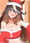  1girl absurdres black_hair blush breasts brown_hair christmas cleavage commentary detached_sleeves fur-trimmed_headwear fur-trimmed_tube_top fur_trim hat head_tilt highres horse_girl irony_(panda153do) large_breasts long_hair looking_at_viewer midriff multicolored_hair open_mouth purple_eyes red_headwear red_skirt red_sleeves red_tube_top santa_hat skirt smile solo strapless streaked_hair symboli_rudolf_(umamusume) textless_version tube_top umamusume wide_sleeves 