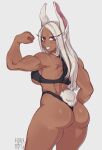 2023 animal_humanoid artist_name athletic athletic_female blush breasts brown_body brown_skin butt clothed clothing eyebrows eyelashes female flexing flexing_bicep hair hdhxrrfg hi_res humanoid lagomorph lagomorph_humanoid leporid_humanoid long_ears long_hair looking_at_viewer looking_back mammal mammal_humanoid muscular muscular_female my_hero_academia rabbit_humanoid red_eyes rumi_usagiyama shirt simple_background smile solo standing tank_top teeth thong topwear under_boob underwear white_background white_hair