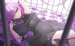  1girl alternate_costume black_dress blush checkered_floor closed_mouth demon_tail dress flower green_eyes hololive long_hair looking_at_viewer lying on_back petals purple_flower purple_hair purple_rose rose sleeveless sleeveless_dress smile tail thighs tokoyami_towa virtual_youtuber z.m._(zimin) 