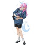  1girl @_@ black_shorts blue_hair blue_sweater book dragon_girl dragon_horns dragon_tail highres holding holding_book horns long_hair multicolored_hair open_mouth original pink_hair rinotuna shoes shorts socks solo sweater tail 