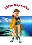  1990s_(style) 1girl bare_shoulders beach_chair brown_eyes brown_hair bun_cover casual character_name cup day double_bun drinking_straw full_body hair_bun hayasaka_akira highres holding holding_chair holding_cup holding_innertube innertube looking_at_viewer midriff navel non-web_source ocean official_art open_mouth outdoors photo_background photoshop_(medium) retro_artstyle short_hair short_shorts short_sleeves shorts solo standing strapless super_real_mahjong tanaka_ryou water 