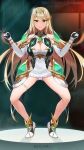  1girl bare_legs bare_shoulders blonde_hair breasts chest_jewel cleavage cleavage_cutout closed_mouth clothing_cutout double_v dress elbow_gloves fanbox_username full_body gloves highres large_breasts long_hair looking_at_viewer mythra_(xenoblade) short_dress solo standing swept_bangs thigh_strap tiara v very_long_hair white_dress white_footwear white_gloves xenoblade_chronicles_(series) xenoblade_chronicles_2 yellow_eyes yuzuriha_(active_homing) 