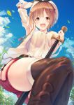  1girl :d absurdres arm_behind_head atelier_(series) atelier_ryza blue_sky brown_hair brown_legwear cloud commentary_request day eyebrows_visible_through_hair hair_ornament hairclip hat highres holding holding_staff leaf liya open_mouth red_shorts reisalin_stout short_hair short_shorts shorts sky smile solo staff thighhighs thighs white_headwear wind yellow_eyes 