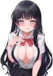  1girl :p absurdres black_hair black_skirt blunt_bangs blush breasts cleavage closed_mouth collared_shirt commission cross cross_earrings deogho_(liujinzy9854) earrings grey_eyes heart heart-shaped_pupils highres jewelry large_breasts long_hair looking_at_viewer navel open_clothes open_shirt original overalls pleated_skirt shirt short_sleeves simple_background skirt solo standing symbol-shaped_pupils tongue tongue_out wavy_hair white_background white_shirt 