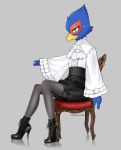 avian blue_body blue_feathers chair clothed clothing crossdressing eldorad65 falco_lombardi feathers footwear furniture grey_background high_heels legwear male nintendo pantyhose red_body red_feathers simple_background sitting solo star_fox teal_eyes