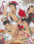  3boys antlers bara black_hair blue_eyes candy candy_cane christmas food green_ribbon grin hat highres holding holding_candy holding_candy_cane holding_food holding_sack hunterkay large_pectorals male_focus mature_male multiple_boys muscular muscular_male navel one_eye_closed original pectorals red_headwear reindeer_antlers revealing_clothes ribbon sack santa_costume santa_hat scar short_hair sideburns_stubble smile snowing thick_eyebrows toned 