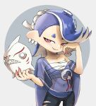  1girl absurdres black_pants blue_hair blue_shawl cephalopod_eyes chest_sarashi collarbone commentary_request cowboy_shot grey_background highres holding holding_mask mask medium_hair midriff navel pants red_eyes sarashi shawl shiver_(splatoon) smile solo splatoon_(series) splatoon_3 standing teeth tentacle_hair torn_clothes torn_pants two-tone_background unworn_mask user_aaww2288 white_background 
