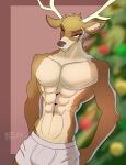 abs absurd_res anthro boxers_(clothing) brown_eyes bulge christmas christmas_tree clothed clothing deer hi_res holidays looking_at_viewer male mammal muscular neelam_(artist) new_world_deer plant reindeer simple_background solo topless tree underwear white_boxers white_clothing white_underwear