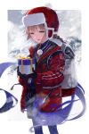  1boy backpack bag black_gloves black_shorts braid captain_nemo_(fate) coat fate/grand_order fate_(series) fomnant fur_hat gift gloves gradient_hair half-closed_eyes hat highres holding holding_gift long_hair male_focus multicolored_hair nemo_(fate) nemo_(santa)_(fate) red_coat shorts signature snow twin_braids ushanka 