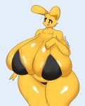 anthro big_breasts black_eyes bra breasts clothing female fur hi_res huge_breasts huge_thighs hyper hyper_breasts hyper_thighs lagomorph leporid mammal open_mouth panties posterbunbun rabbit signature simple_background simple_eyes smile solo standing text tha_randomu thick_thighs underwear yellow_body yellow_fur