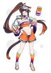  1girl absurdres animal_ear_fluff animal_ears bandeau breasts brown_hair can cat_ears cat_girl cat_tail cleats cleavage colored_inner_hair extra_ears fang full_body hands_on_own_hips highres hood hood_down long_hair long_sleeves multicolored_hair multicolored_socks navel open_mouth orange_hair orange_shorts original personification product_placement purple_eyes shoes shorts shrug_(clothing) sidelocks simple_background small_breasts smile sneakers socks solo spezi strapless tail tube_top two-tone_hair vertigris very_long_hair visor_cap white_background 