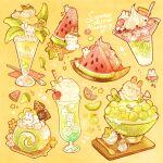  ! animal_focus artist_name cantaloupe commentary drinking_straw eating english_commentary english_text flag flower food food_focus fruit glass highres holding_breath ice ice_cream ice_cream_cone ice_cream_float ice_cube matcha_(food) nao_(bestrollever) no_humans original oversized_food oversized_object parfait popsicle rabbit simple_background spoon star_(symbol) summer waffle_cone watermelon watermelon_bar watermelon_slice yellow_background yellow_flower 