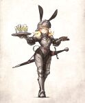  1girl animal_ears armor armored_leotard blue_eyes closed_mouth cup drinking_glass fake_animal_ears full_body helmet highres holding holding_tray ironlily original playboy_bunny scabbard sheath smile solo tray wine_glass 