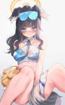  1girl absurdres animal_ears bare_shoulders black_hair blue_archive blue_eyes blush breasts cheerleader closed_mouth covering_crotch covering_privates dog_ears dog_girl dog_tail embarrassed eyewear_on_head grey_background halo hibiki_(blue_archive) hibiki_(cheer_squad)_(blue_archive) highres long_hair looking_at_viewer maru_ccy millennium_cheerleader_outfit_(blue_archive) nose_blush official_alternate_costume pom_pom_(cheerleading) simple_background sitting skirt solo tail text_print 