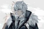  1boy animal_ears arknights black_coat black_necktie closed_mouth coat collared_shirt expressionless fur-trimmed_coat fur_trim grey_eyes high_collar highres looking_ahead male_focus medium_hair necktie ojsn_00 shirt silverash_(arknights) simple_background sketch solo upper_body white_hair white_shirt 