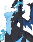 anthro big_breasts black_body black_scales blue_body blue_fire blue_scales breasts breath_powers colored_fire elemental_manipulation featureless_breasts female fire fire_breathing fire_manipulation flaming_tail hi_res mega_charizard mega_charizard_x mega_evolution membrane_(anatomy) membranous_wings nintendo pokemon pokemon_(species) scales scalie side_view simple_background solo standing tail thick_thighs usa37107692 white_background wings