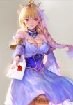  1girl absurdres bangs bare_shoulders blonde_hair blush braid breasts cleavage corset crown detached_sleeves dress elf envelope eyebrows_visible_through_hair gem heart highres huge_filesize knights_chronicle large_breasts lena_(knights_chronicle) lipstick long_hair looking_at_viewer love_letter makeup pointy_ears purple_eyes single_braid smile solo thaumazo thighlet white_dress wind 
