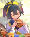  1boy absurdres black_hair blurry blurry_background blush character_print closed_eyes commentary_request crossed_bangs cup eating food food_on_face grin hair_between_eyes hairband hands_up highres holding holding_food jacket kieran_(pokemon) long_sleeves male_focus pikachu plate pokemon pokemon_(creature) pokemon_sv sentret short_hair skewer smile strap teeth white_jacket yellow_hairband yupiteru zipper zipper_pull_tab 