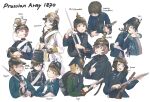  1870 6+girls :p @_@ absurdres ammunition_pouch antique_firearm arm_rest armor backpack bag bayonet bedroll belt black_belt black_coat black_hair black_jacket blonde_hair blue_eyes blue_jacket braid breastplate brown_bag brown_hair buttons canteen cavalry_sword chest_armor chin_strap closed_eyes closed_mouth coat combat_knife cropped_torso cuirass cuirassier doodles double-breasted dragoon dreyse_m1841 english_text firelock flintlock german_text glaring gold_trim green_eyes green_jacket gun gun_sling hair_between_eyes handgun hat hat_ornament helmet highres holding holding_gun holding_headgear holding_knife holding_weapon hussar insignia jacket karasumi_(sumizono) knife leaning leaning_on_object leaning_to_the_side load_bearing_equipment long_hair long_sleeves looking_at_viewer looking_down low_twin_braids matchlock military military_hat military_jacket military_uniform multiple_girls musket one_eye_closed open_mouth original pickelhaube plume pouch prussia purple_eyes red_trim rifle saber_(weapon) scabbard sheath sheathed shirt short_hair shoulder_boards simple_background soldier standing sword teeth tongue tongue_out twin_braids uhlan uniform upper_body upper_teeth_only v-shaped_eyebrows wavy_mouth weapon white_background white_belt white_jacket white_shirt wrist_cuffs 