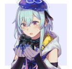  1boy 1other arknights blue_hair blue_neckerchief cape clothing_cutout detached_sleeves doctor_(arknights) highres holding hood hood_down hood_up hooded_cape infection_monitor_(arknights) light_blue_hair mini_person mizuki_(arknights) nabeno_desu neckerchief otoko_no_ko parted_lips pink_eyes short_hair_with_long_locks simple_background surprised white_cape 
