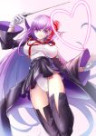  1girl bb_(fate)_(all) bb_(fate/extra_ccc) black_coat breasts cameltoe covered_navel fate/grand_order fate_(series) gloves hair_ribbon high-waist_skirt lace lace-trimmed_legwear large_breasts leotard long_hair neck_ribbon purple_eyes purple_hair red_ribbon ribbon skirt smile solo sowel_(sk3) very_long_hair wand white_gloves white_leotard 