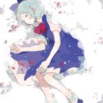  1girl ankle_socks bad_drawr_id bad_id blue_bow blue_dress bow bowtie cirno closed_eyes closed_mouth dress feet_out_of_frame from_side hair_bow hand_up jaggy_lines knees_together_feet_apart lying medium_dress oekaki okara_(cacacerulean) on_ground on_side petals pinafore_dress red_bow red_bowtie shadow short_hair short_sleeves sleeping sleeveless sleeveless_dress snow socks solo touhou white_socks 