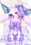  aije blush bow bowtie closed_mouth clothed_pokemon commentary_request espeon eyelashes forehead_jewel forked_tail hat highres looking_at_viewer no_humans plaid plaid_skirt pokemon pokemon_(creature) purple_bow purple_bowtie purple_eyes skirt smile solo tail 