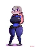 2023 3:4 absurd_res anthro badge belt big_breasts blush breasts clothing crossxvii disney ears_down female fur grey_body grey_fur hands_behind_back hi_res judy_hopps lagomorph leporid long_ears looking_at_viewer mammal pink_nose pivoted_ears police_uniform purple_eyes rabbit signature smile solo standing thick_thighs uniform wide_hips zootopia