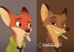  2016 anthro canid canine clothed clothing dipstick_ears disney duo english_text eyebrows food fox fur grainy green_eyes grin hi_res jojo&#039;s_bizarre_adventure looking_at_viewer male mammal meme monochrome multicolored_ears necktie nick_wilde orange_fur pointedfox popsicle popsicle_stick portrait questioning raised_eyebrow sepia signature smile text to_be_continued zootopia 