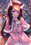  1girl absurdres animal_ear_fluff animal_ears black_hair bow braid capelet cat_ears cat_girl cat_tail coat commission darlingstrawb fur-trimmed_capelet fur-trimmed_coat fur_trim heart heart-shaped_pupils highres indie_virtual_youtuber long_hair multicolored_hair pink_bow pink_capelet pink_coat pink_eyes pink_hair pink_headwear pink_ribbon pom_pom_(clothes) purple_eyes ribbon sky snow solo symbol-shaped_pupils tactoki tail tail_bow tail_ornament tail_ribbon tree two-tone_hair virtual_youtuber white_bow 