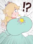  !? 1girl blonde_hair blue_dress blue_eyes breast_expansion breasts brooch crown dress earrings hair_over_one_eye highres jewelry kurachi_mizuki large_breasts long_hair long_sleeves mario_(series) open_mouth rosalina solo star_(symbol) star_brooch star_earrings super_mario_galaxy sweatdrop 