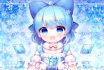  1girl adapted_costume ahoge blue_bow blue_dress blue_eyes blue_hair blush bow box cirno coa_(chroo_x) detached_wings dress fairy frilled_sleeves frills gift gift_box hair_bow ice ice_wings looking_at_viewer open_mouth short_hair short_sleeves smile snowflakes solo touhou upper_body wings 