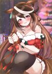  1girl absurdres animal_ears bare_shoulders belt black_belt black_hair black_thighhighs blurry blurry_background blush bound bound_wrists breasts brown_hair christmas christmas_tree cleavage depth_of_field ear_piercing frilled_sleeves frills fur-trimmed_shirt fur-trimmed_shorts fur_trim gift highres horse_ears horse_girl horse_tail long_hair looking_at_viewer medium_breasts midriff mofu_ricotta multicolored_hair navel off-shoulder_shirt off_shoulder open_mouth piercing red_ribbon red_shirt red_shorts ribbon shirt short_shorts short_sleeves shorts sitting smile solo streaked_hair symboli_rudolf_(umamusume) tail textless_version thighhighs umamusume white_hair 