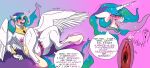 absurd_res anthro areola billymcsplosion bodily_fluids breasts colored dialogue ejaculation english_text equid equine female friendship_is_magic gender_transformation genitals gradient_background hasbro hi_res horn mammal my_little_pony nipples open_mouth princess_celestia_(mlp) pussy simple_background solo species_transformation speech_bubble tears text tongue tongue_out transformation unicorn wings