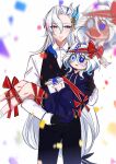  1boy 1girl absurdres commentary english_commentary english_text furina_(genshin_impact) genshin_impact gift gloves heterochromia highres holding holding_gift hood hoodie mamaprofennn neuvillette_(genshin_impact) red_ribbon ribbon twitter_username white_hair 