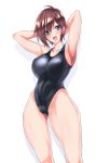  1girl arms_behind_head black_eyes black_swimsuit breasts brown_hair collarbone commentary_request cowboy_shot highleg highleg_swimsuit large_breasts looking_at_viewer miyane_aki_(radical_dash) open_mouth original short_hair simple_background smile solo standing swimsuit white_background 