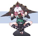  2girls ahoge aisolgwamol-ib-otaku bare_shoulders black_dress briar_(league_of_legends) dress ears_through_headwear green_hair grey_hair grin hands_up highres hood hood_up league_of_legends medium_hair multicolored_hair multiple_girls pink_hair purple_eyes sharp_teeth short_hair simple_background smile teeth two-tone_hair vex_(league_of_legends) 