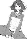  1girl blush breasts collarbone gym_shirt hibike!_euphonium highres jacket long_sleeves looking_at_viewer mokufuu monochrome open_mouth oumae_kumiko pants shirt simple_background sitting sleeves_past_wrists small_breasts solo spot_color spread_legs track_jacket track_pants track_suit white_background 