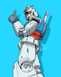  blue_background dated drop_shadow from_side gundam hand_up highres kobakin mecha mobile_suit mobile_suit_gundam no_humans robot rx-78-2 science_fiction signature simple_background thumbs_up turning_head v-fin yellow_eyes 