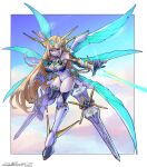  1girl black_thighhighs blonde_hair breasts floating highres large_breasts leotard long_hair multiple_wings mythra_(xenoblade) oomasa_teikoku revealing_clothes solo thighhighs tiara white_leotard wings xenoblade_chronicles_(series) xenoblade_chronicles_2 