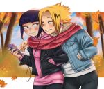  1boy 1girl audio_jack autumn_leaves black_jacket black_pants blue_jacket blue_sky blunt_bangs blush boku_no_hero_academia buttons cellphone closed_mouth cloud earbuds earphones forest grin hand_in_pocket highres holding holding_phone hood hood_down hooded_jacket jacket jirou_kyouka kaminari_denki leaf letterboxed lyneriii multicolored_hair nature open_clothes open_mouth outdoors outside_border pants parted_bangs phone pink_shirt purple_eyes purple_hair red_scarf scarf shirt short_hair sky smile streaked_hair tree unzipped white_shirt yellow_eyes zipper zipper_pull_tab 