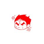  1boy aizen_(housamo) angry chibi cropped_head facial_hair facial_mark flower_(symbol) food food_on_face forehead_mark happy_aura huge_eyebrows looking_at_viewer male_focus medium_sideburns multicolored_hair negative_space red_theme short_hair sideburns_stubble solo streaked_hair stubble tokyo_afterschool_summoners tyou v-shaped_eyebrows 