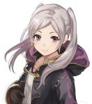  1girl closed_mouth female_my_unit_(fire_emblem:_kakusei) fire_emblem fire_emblem:_kakusei gloves hashiko_(neleven) hood hood_down long_sleeves my_unit_(fire_emblem:_kakusei) simple_background solo twintails upper_body white_background white_hair 