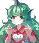  1girl closed_mouth cloud_print collared_shirt commentary_request curly_hair green_eyes green_hair happy highres horns kariyushi_shirt komainu_ears komano_aunn long_hair looking_at_viewer paw_pose plus2sf red_shirt shirt short_sleeves simple_background single_horn smile solo touhou upper_body very_long_hair white_background 