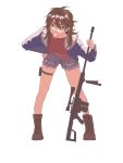  1girl ahoge blue_jacket blue_shorts boots breasts brown_footwear brown_hair bubble_blowing chinese_commentary commentary_request denim denim_shorts full_body fur-trimmed_jacket fur_trim genderswap genderswap_(mtf) green_eyes gun hair_between_eyes hand_on_own_hip highres holding holding_gun holding_weapon isoi_reiji jacket leaning_forward long_hair long_sleeves medium_breasts open_clothes open_jacket red_shirt saibou_shinkyoku sanpaku shirt shiti shorts simple_background solo weapon white_background 