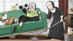  2girls :&lt; :d bird black_footwear book brown_eyes brown_hair bucket chicken cleaning closed_eyes couch diva_(hyxpk) duck duckling dumbbell english_commentary freckles frog_headband froggy_nun_(diva) green_socks grey_hair habit highres little_nuns_(diva) multiple_girls nun phonograph reading sheep_nun_(diva) smile socks stuffed_animal stuffed_frog stuffed_snake stuffed_toy traditional_nun 