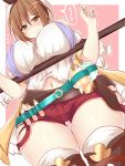  1girl atelier_(series) atelier_ryza belt blush breasts brown_eyes brown_hair from_below hair_between_eyes hair_ornament hairclip large_breasts looking_at_viewer navel red_shorts reisalin_stout round-bottom_flask sakurapochi shirt short_shorts shorts solo speech_bubble thighhighs thighs wavy_mouth white_headwear white_shirt 